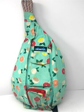 Kavu Original Rope Sling Bag Citrus Grove Fruit Print Turquoise Multi Color